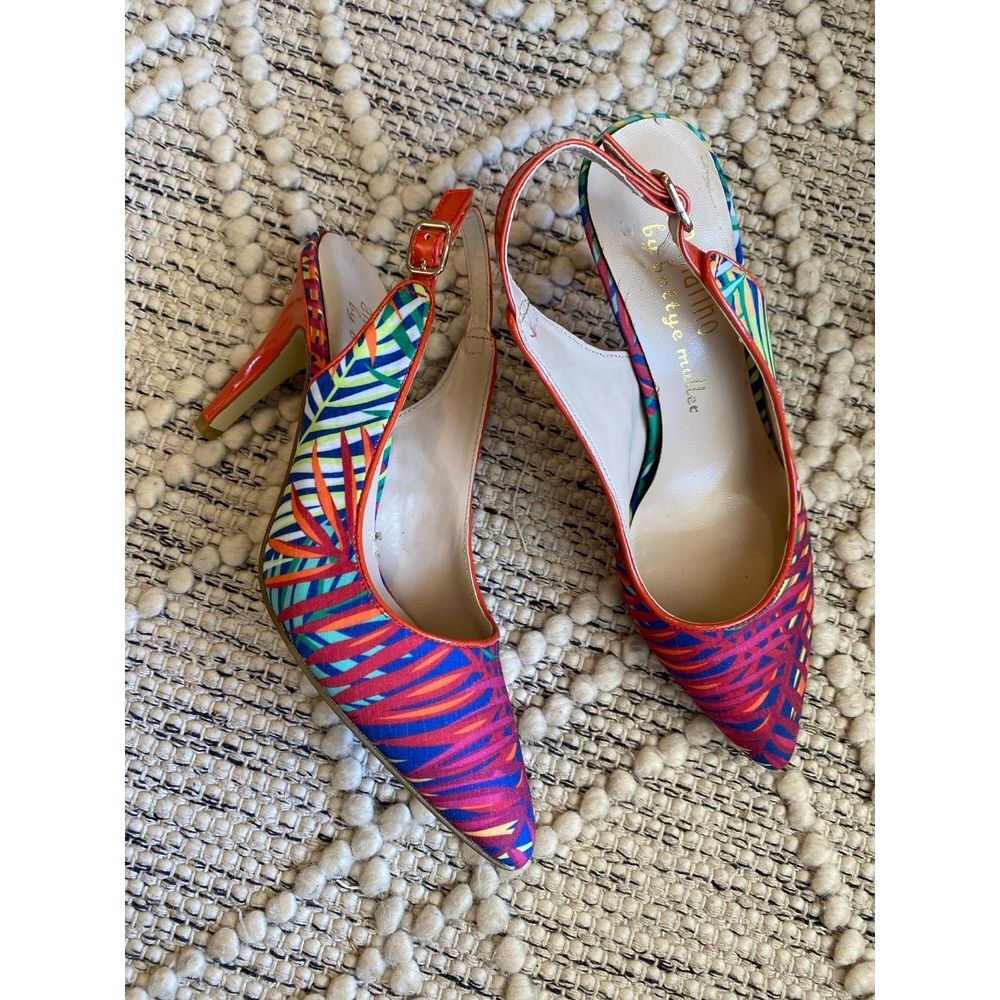 ANN MARINO x BETTYE MULLER Sandals TROPICAL Fabric Print SLINGBACK Pointed sz 6